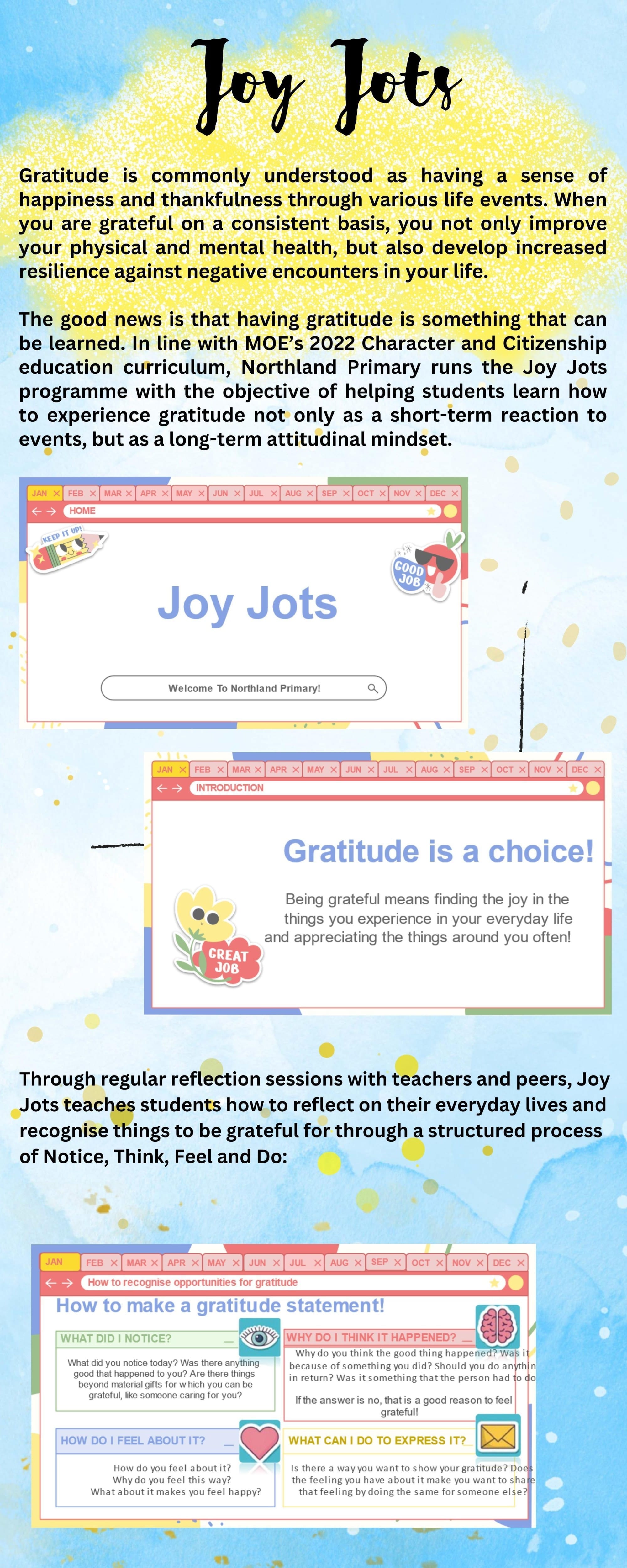 Colorful flyer titled Joy Jots explaining a school gratitude program with text and decorative browser-style panels.